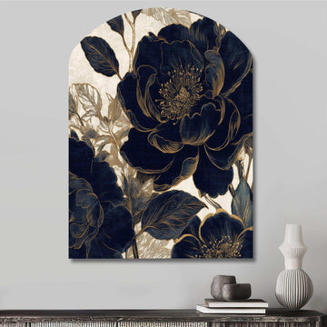 Blue Gold Peonies Celebration I - Asymmetric Metal Wall Art